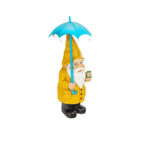 nain de jardin lampe tenant un parapluie bleu