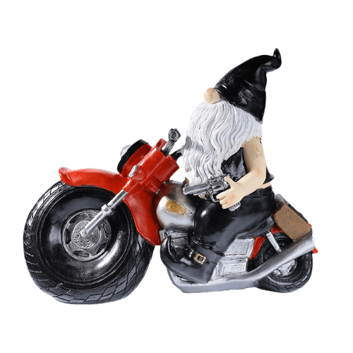 nain de jardin sur une moto